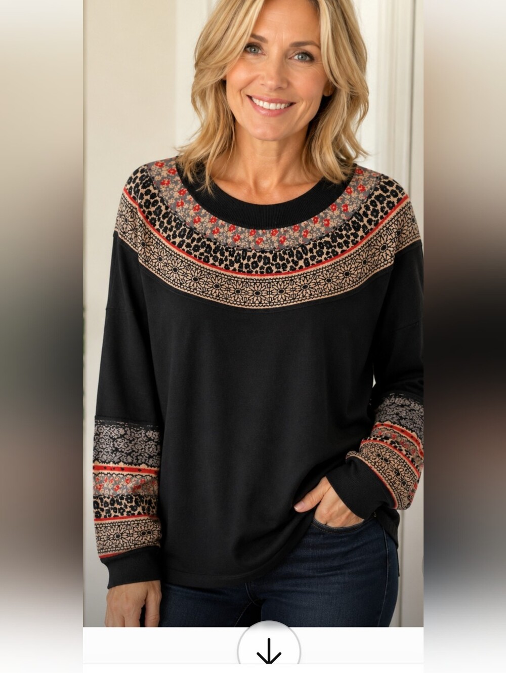 NEW 3X LOGO by Lori Goldstein Black Sweater with Red and Tan Patterned Yoke